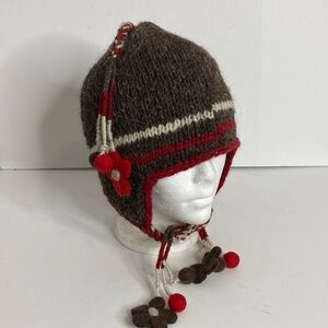 Laundromat Wool Hat Womens One Size Brown Knit Fleece Lined Red Flower Tassel